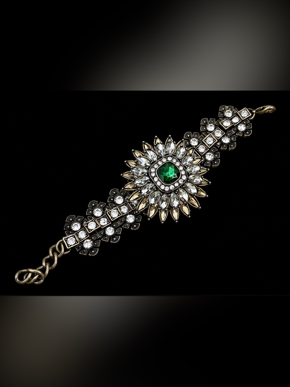 Vintage Inspired Rhinestone Statement Bracelet, Setting Antique Gold, NWOT